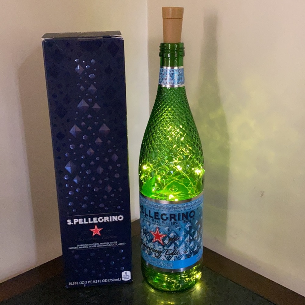 S Pellegrino 120th Anniversary Green crystal Glass empty Bottle bar fairy lights